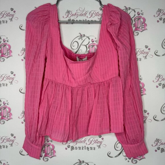 Wayf top long sleeve pink plaid print puff shoulders cute with button cuffs BNWT - Picture 13 of 13